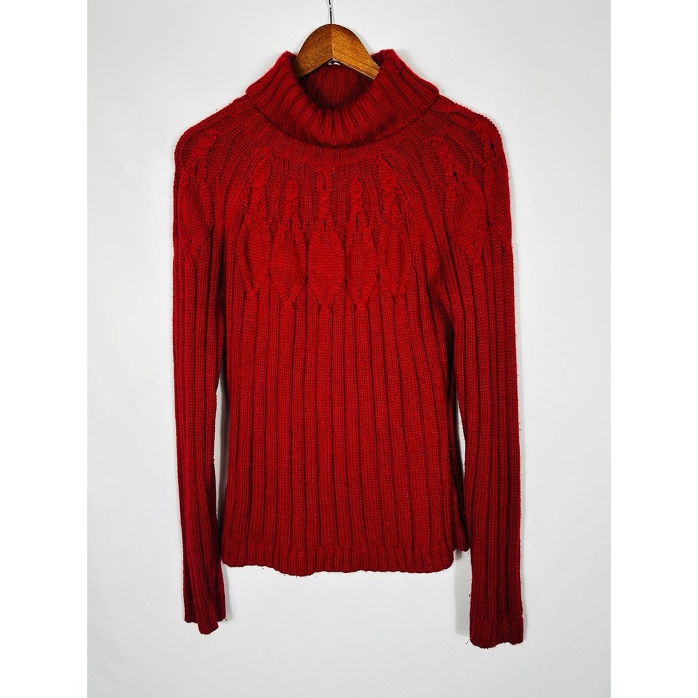 Vintage Red Faire Isle Chunky Cable Knit Fisherman Turtleneck Sweater Size L